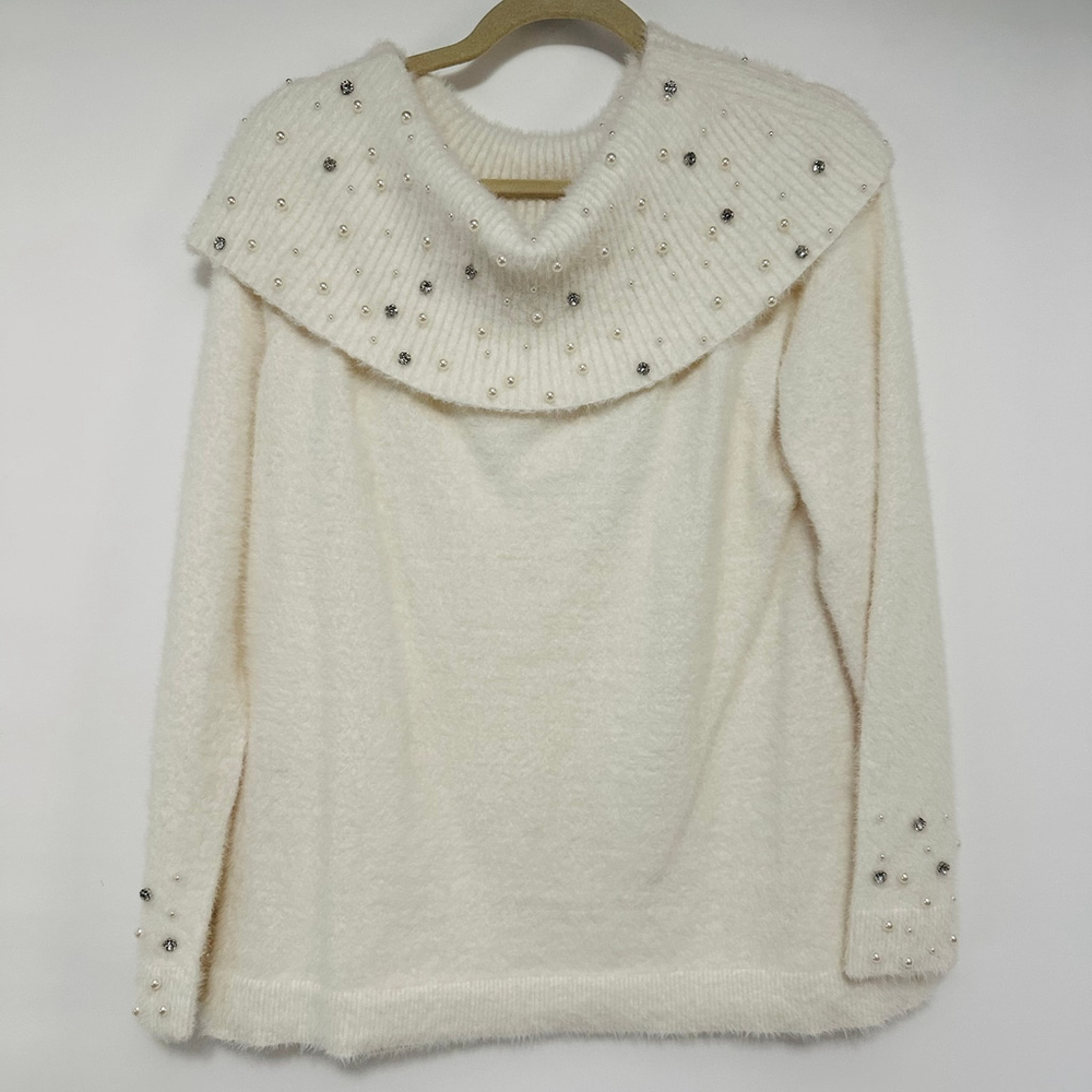 NWT Soft Surroundings Ivory Off-the-Shoulder Sweater Pearls Embellished WOMENS L